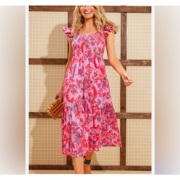 Tuckernuck Dresses & Skirts - Tuckernuck Mallie Smocked Floral Ruffle Midi Dress Size Medium Pink Cottagecore